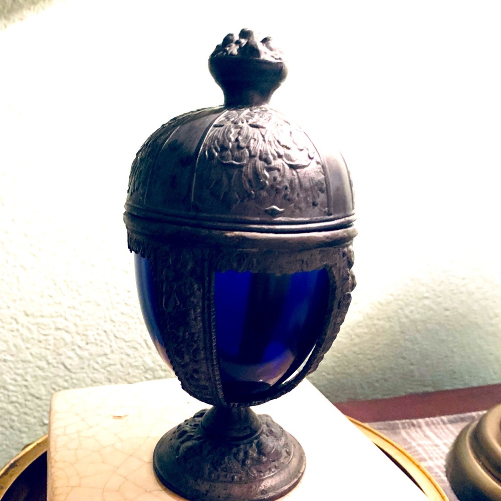 Vintage pewter and cobalt glass chalice